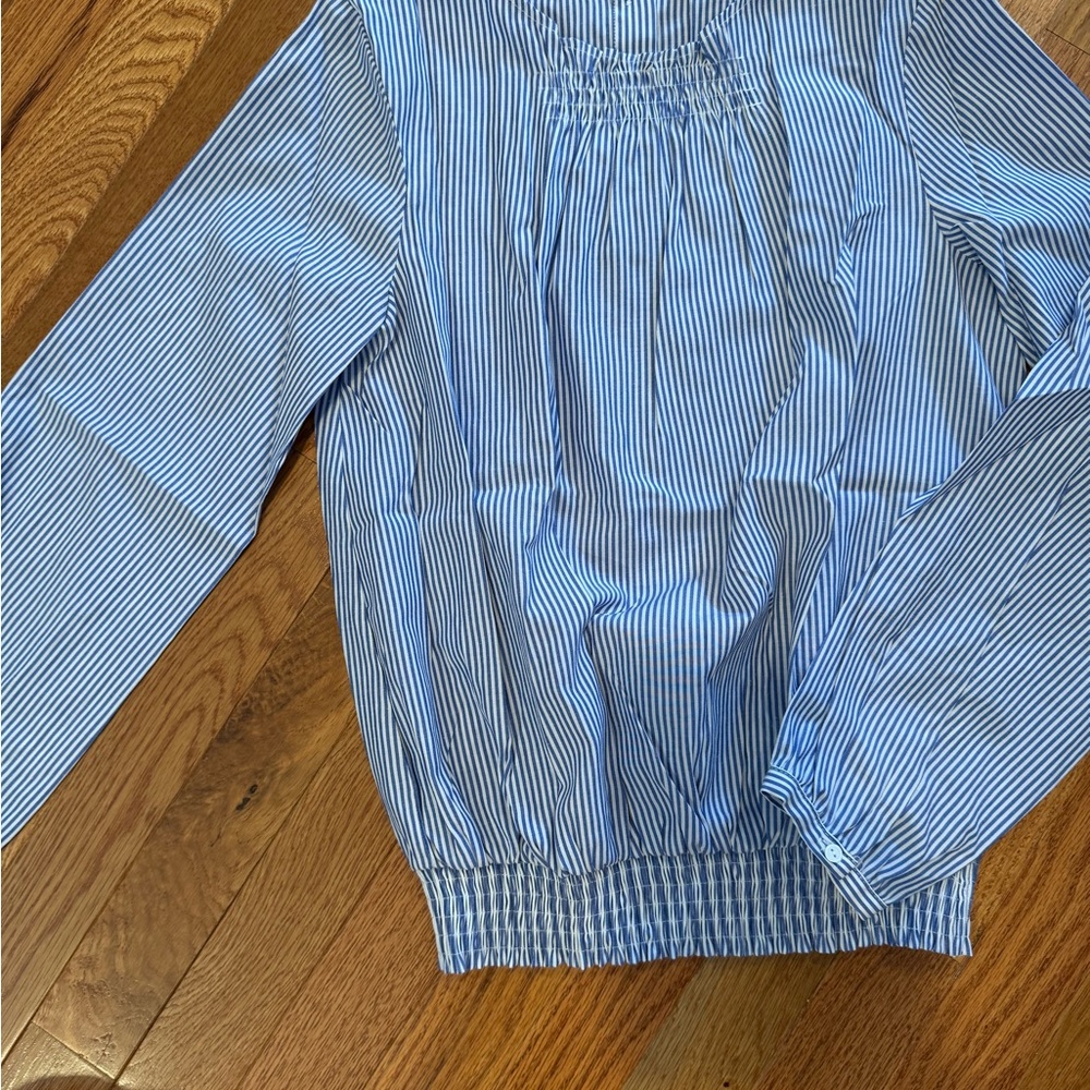Zara Blue Blouse with Balloon Sleeves and Smocked Neckline